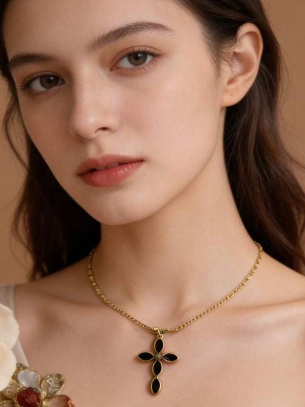 Gold Chain Necklace with Black Cross Pendant R720